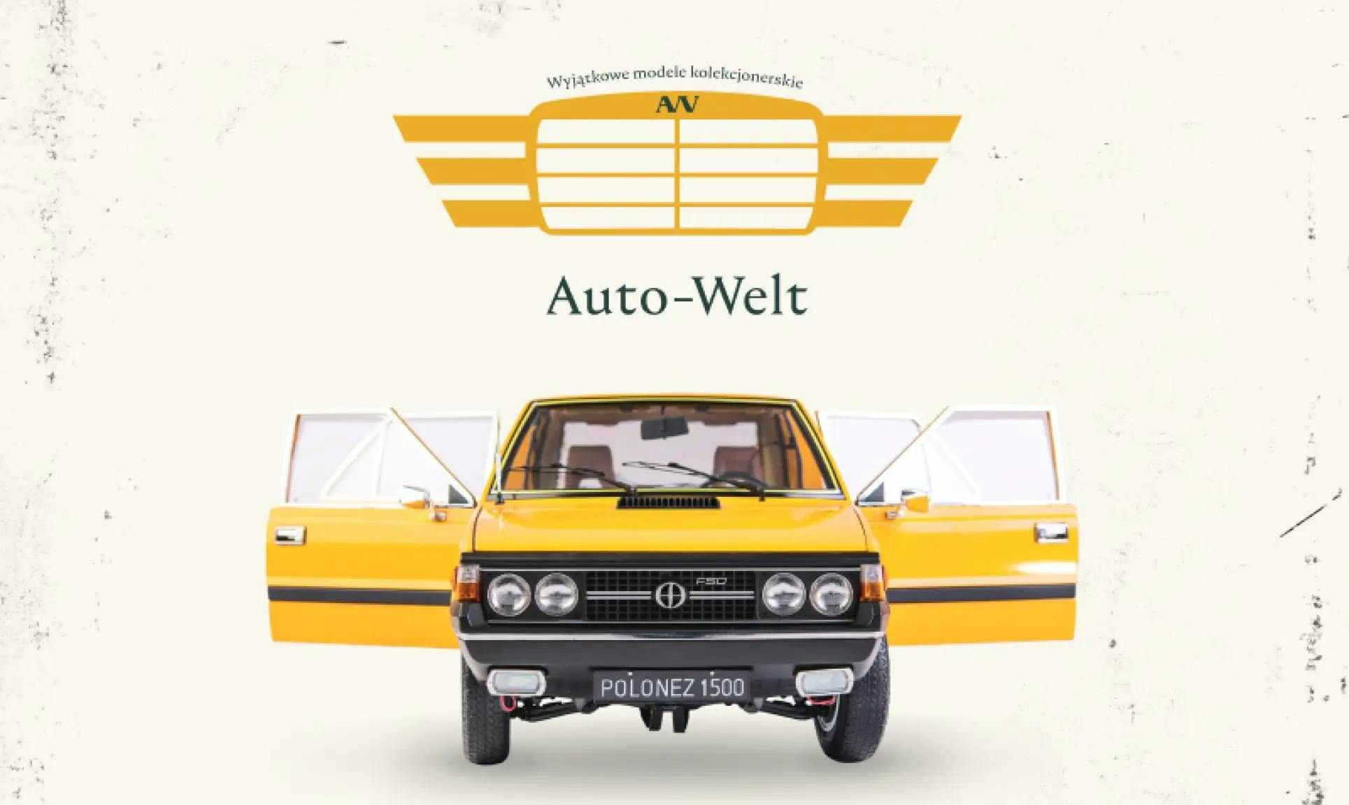 Front żółtego poloneza z otwartymi drzwiami, nad nim napis Auto-Welt i żółto-zielone logo Auto-Welt