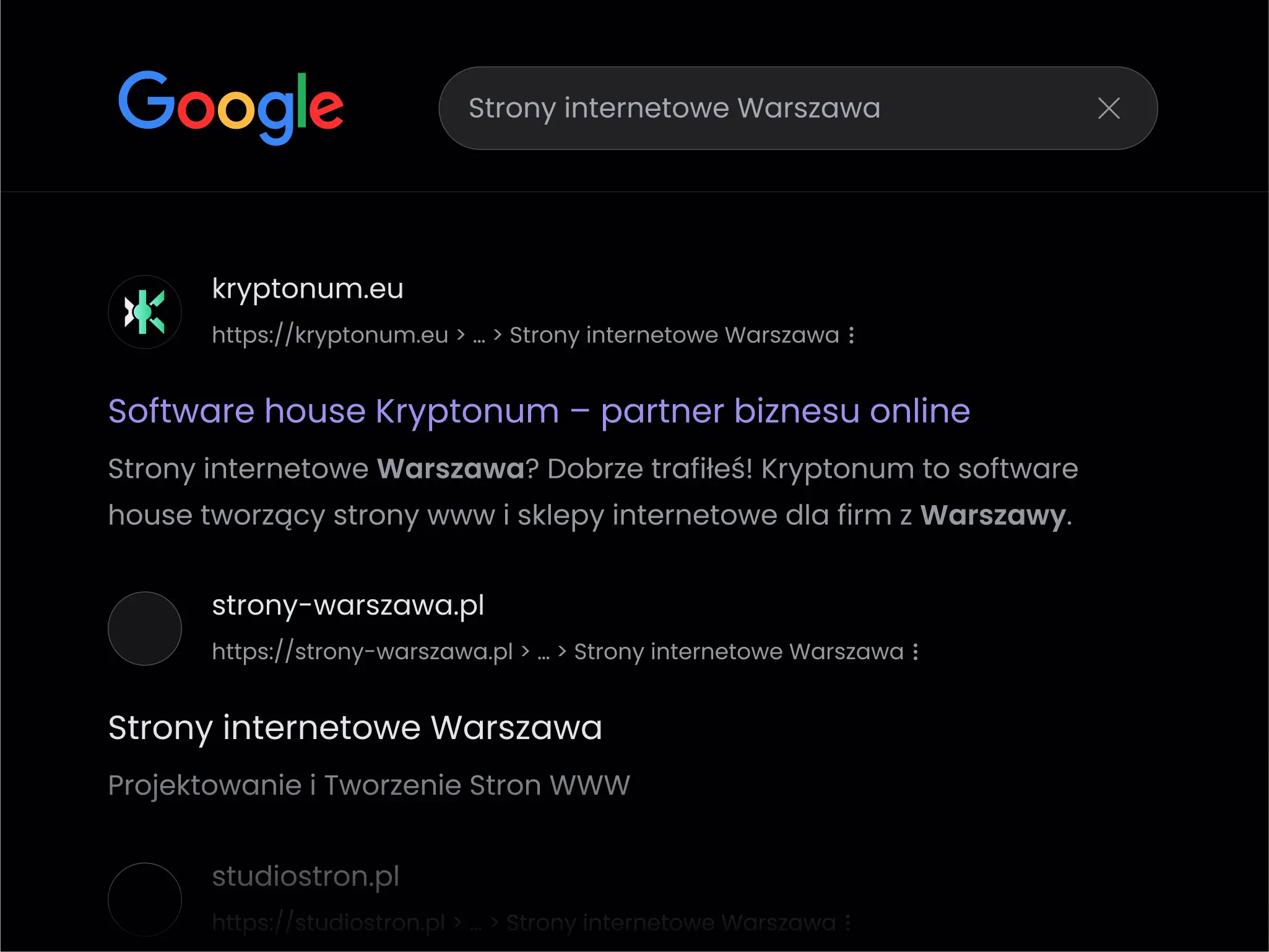 Wyniki wyszukiwania stron internetowych Warszawa w Google - na pierwszym miejscu znajduje się software house Kryptonum.