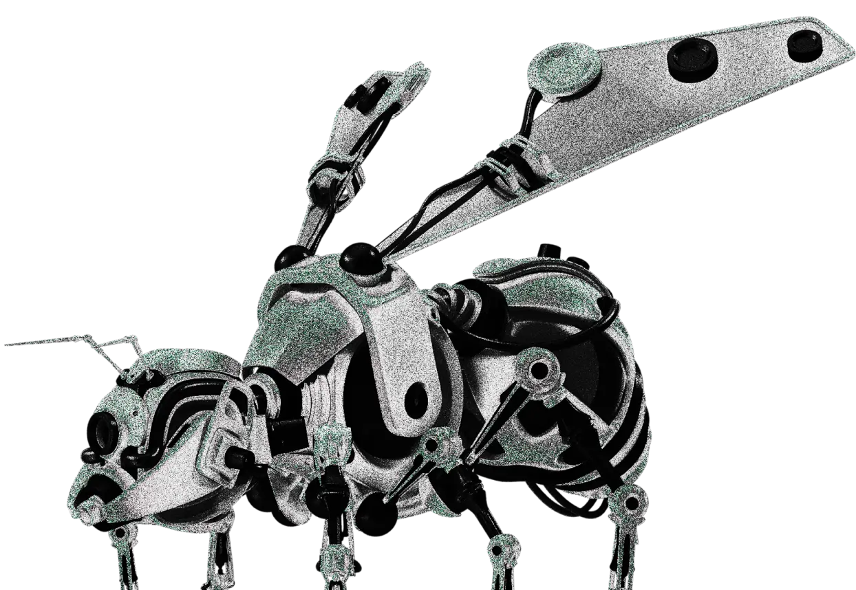 Mikro robot wyglądający jak osa, z nałożonym zielonym gradientem i szumem w brandingu Kryptonum