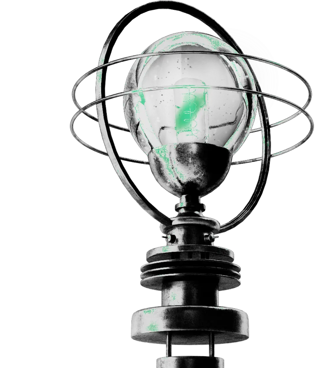 Srebrna lampa z zielonymi elementami w stylu Kryptonum jako symbol kreatywnych pomysłów, które ma agencja kreatywna Kryptonum