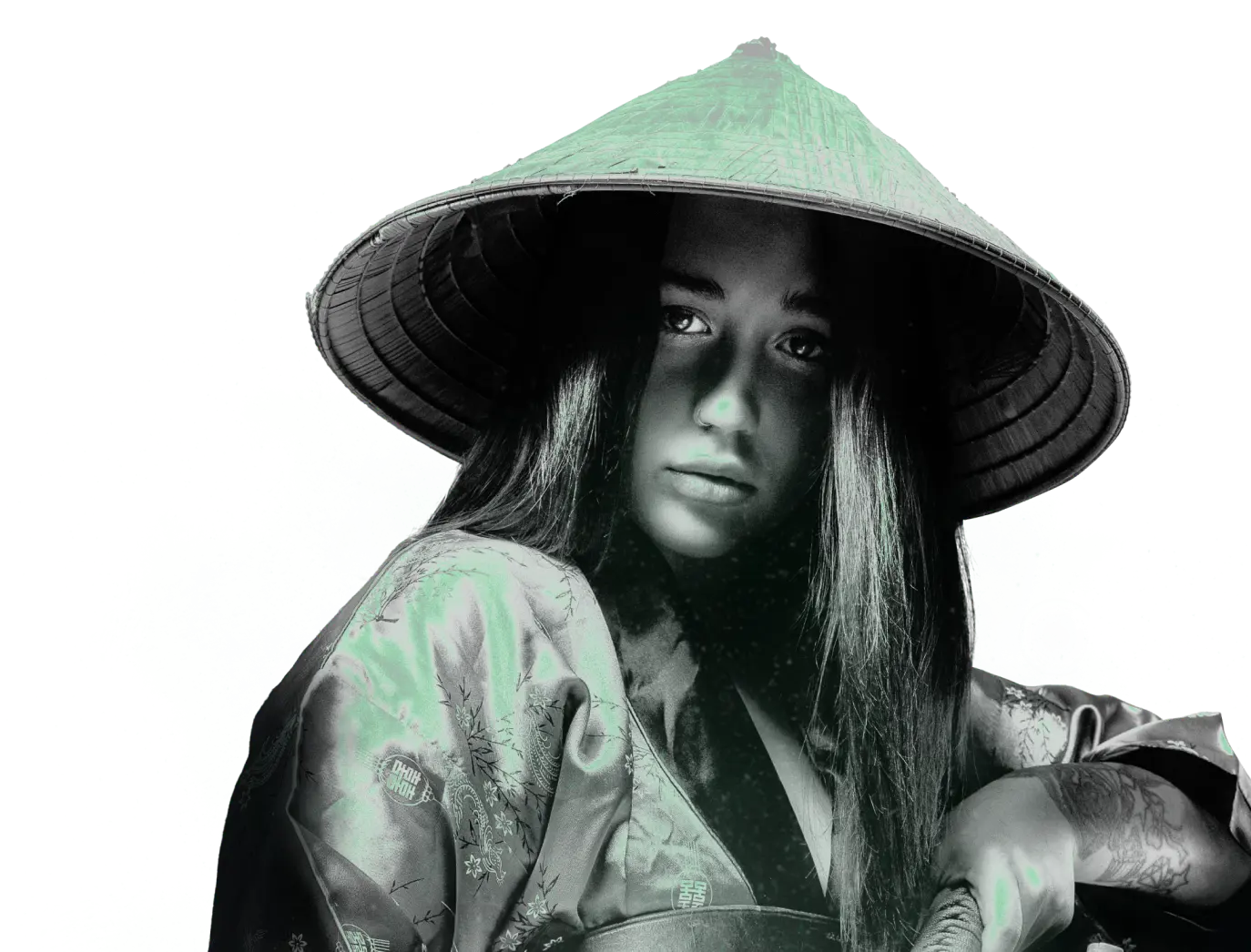 Monochromatyczna kobieta samuraj z zielonymi elementami w stylu Kryptonum, nawiązanie do akademii web developmentu