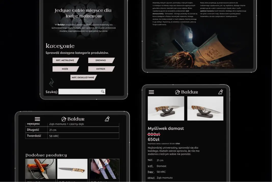 Widoki na tablecie sklepu internetowego Baldur. Ciemne tło, wysokiej jakości zdjęcia noży ręcznie robionych i nordyckie fonty w nagłówkach